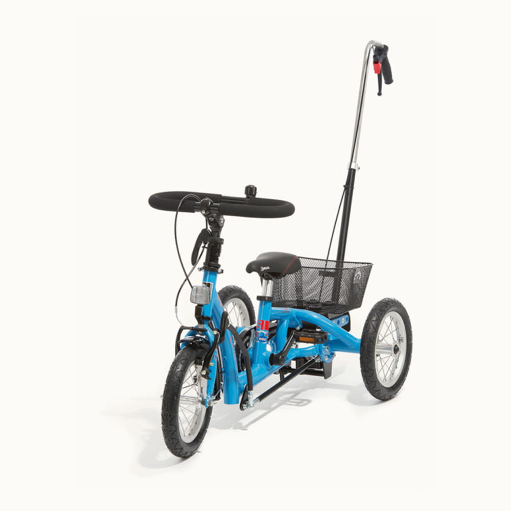 Ein Momo Reha-Fahrrad mit 3 Rädern in blau mit Brems- und Haltestange für einen Erwachsenen.